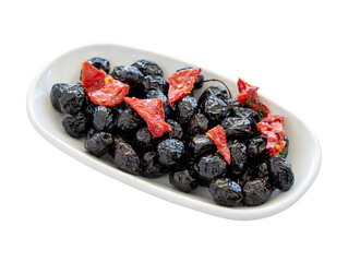 Oily black olives isolated on white background. Local name yağlı sele zeytin