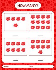 How many counting game with redberry worksheet for preschool kids, kids activity sheet, printable worksheet