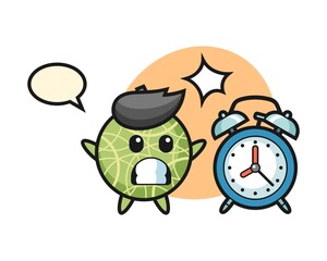 Cartoon illustration of melon is surprised with a giant alarm clock
