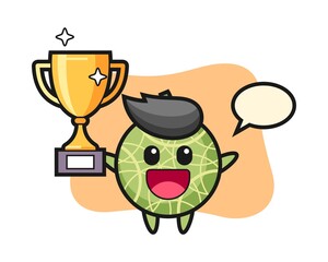 Cartoon illustration of melon is happy holding up the golden trophy