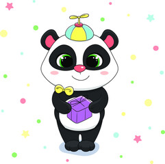 Cute cartoon Panda boy with a bright present and a cap. Children's illustration. Vector.