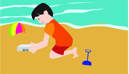 Vector Illustration of a Archimedes’ Principle, Child with a Stone, Weight Experiment, Experiment of Newton, Online Education Materials for Students - obrazy, fototapety, plakaty