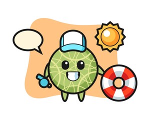 Cartoon mascot of melon as a beach guard