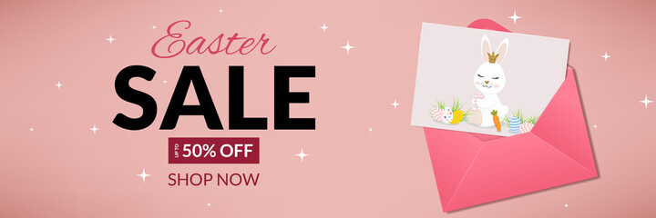 Easter sale banner with pink envelopes with greeting card with cute bunny and eggs.
