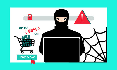 Fake phishing page of a scam website. A hacker who steals money from users who make online purchases. The Concept of Cybercrime, Online Fraud. Vector illustration in a flat style.