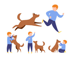 Set of Dog and Boy situations. Dog Stands Hind Legs Front Owner. Sit Next. Hug Pet. Run One After Another. Keeps Track of Team. Gives Command. Vector Simple Flat Cartoon Illustration. 