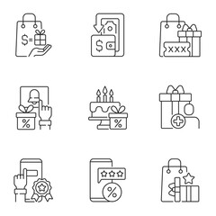 Cash back and cost reduction linear icons set. Financial transactions. Customizable thin line symbols. Isolated vector outline illustrations. Editable stroke
