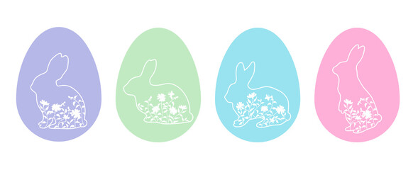 Set of Easter egg bunny silhouettes with grass and flowers. Collection Easter bunny in the meadow. Vector llustration in linear style in pastel colors. Isolated on white background