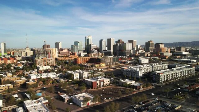 Downtown Phoenix Skyline March 2021 Push-In Drone Shot 60fps Partly Cloudy Day