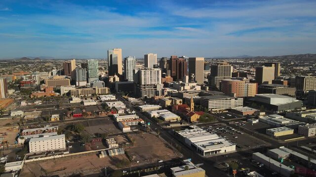 Downtown Phoenix Skyline March 2021 Tilting Drone Shot 24fps HDR