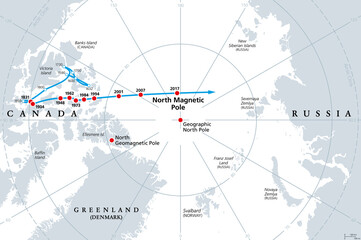Movement of North Magnetic Pole, gray political map. Magnetic North pole of Earth, observed since 1831. The pole is drifting across the Canadian Arctic, over the Arctic Ocean, towards Siberia. Vector.