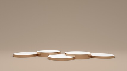 Gold round podiums. 5 gold, white stands for displaying goods and products. 3d render. Calm light background.