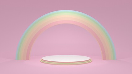 Round podium with a rainbow. Display stand for goods and products. Pastel colors. Pink rectangular background. 3d render.