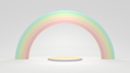 Round podium with a rainbow. Display stand for goods and products. Pastel colors. White rectangular background. 3d render.