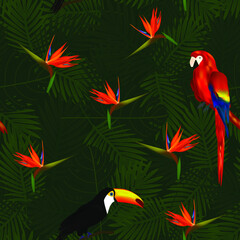 Naklejka premium Tropical seamless pattern of flowers bird of Paradise (strelitzia) and parrots on background of palm leaves. Exotic illustration of wildlife.
