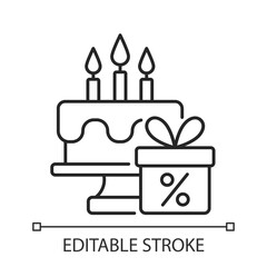 Birthday discount black linear icon for light theme. Receiving surprise points. Loyalty program. Thin line customizable illustration. Isolated vector contour symbol for night mode. Editable stroke