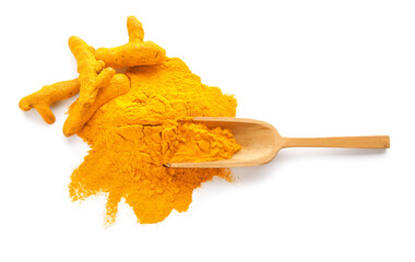 Naklejka premium Scoop with turmeric powder on white background
