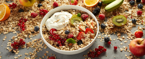 Healthy muesli near fresh ingredients