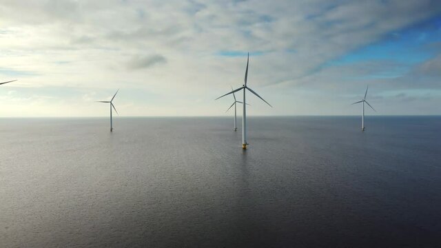 Aerial view on off shore wind turbines off the coast of Flevoland in the IJsselmeer in The Netherlands