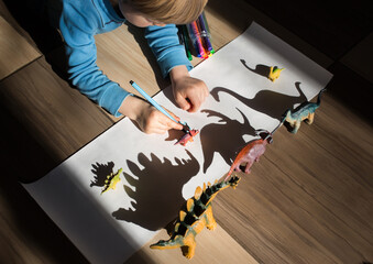 child draws with interest along the contour the shadows from the figures of toy dinosaurs, ideas...