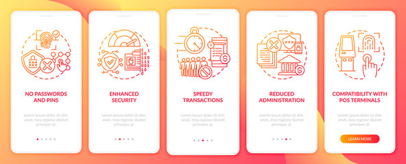 Biometric payment benefits onboarding mobile app page screen with concepts. Identify user and authorize walkthrough 5 steps graphic instructions. UI vector template with RGB color illustrations