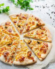 seafood pizza mussels squid shrimps prawn portion on the table meal snack outdoor top view copy space for text pescetarian food background