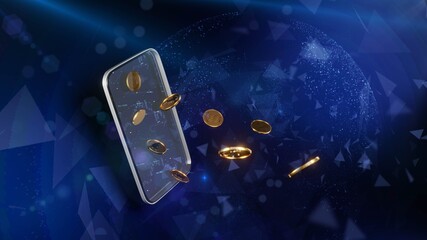 Digital Currency. Smartphone with flying gold coins on an abstract blue background. 3d rendering.