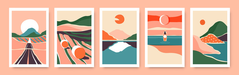 Trendy mountain landscape banner set, cool aesthetic horizon scenery view. Isolated hill environment brochure collection, travel illustration poster bundle with sun and moon. 