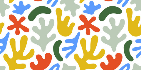 Abstract leaf cutout shapes seamless pattern. Trendy colorful freehand leaves background design. Matisse inspired decoration wallpaper, childish nature symbols.