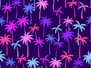 Colorful palm trees seamless pattern. Vintage tropical wallpaper. Design for poster, travel banner and wrapping. Vector illustration