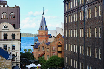 Interesting view of the old converted warehouses and buildings and Sydney Harbour taken from The...