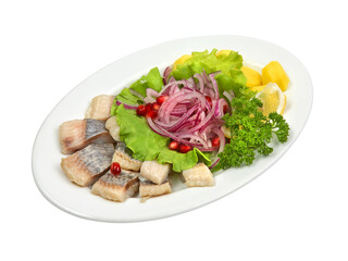 Slices of lightly salted herring with baked potatoes and pickled onions