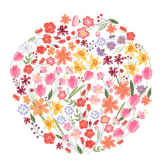 Round template with festive romantic floral elements. Circle with cute childish ornament. Pretty illustration can be used as spring design template.