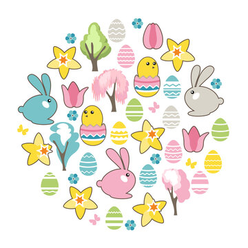 Round template with festive Easter elements. Circle with cute childish ornament. Pretty illustration can be used as spring design template.
