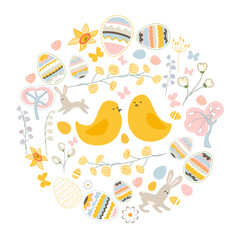 Round template with festive Easter elements. Circle with cute childish ornament. Pretty illustration can be used as spring design template.