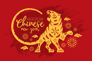 chinese new year 2022 - gold the tiger zodiac raised its front leg and roared, The tail is rolled in a circle on abstract red ink brush background vector design