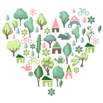 Heart shape template made of small trees and houses. Cute flat ornament. Pretty illustration can be used as spring and summer design template.