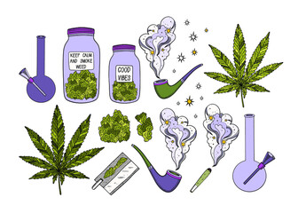 Marijuana vector set. Drug consumption, cannabis and smoking drugs collection.Fun doodle illustration of smoking equipment.