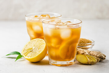 Fresh lemon honey iced ginger tea in glasses. Space for text.
