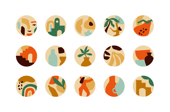Minimalist abstract nature art icon collection. Pastel color dot template bundle for social media story, web highlight or blog. Modern hand drawn plant leaf and tropical fruit shape decoration set.