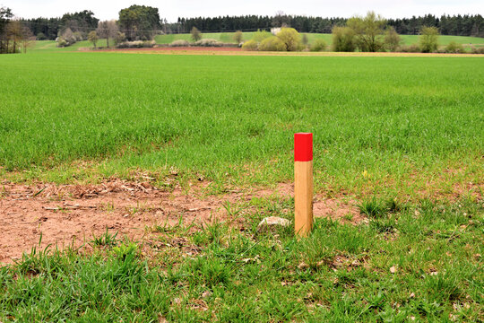 Mit Holzpfahl markierter Grenzstein zur Landvermessung
