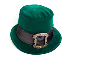 Green leprechaun hat with gold buckle isolated on white background. concept of St Patricks Day. mockup.