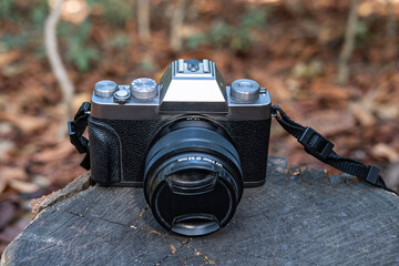 Digital photo camera with retro design outdoor on the stump