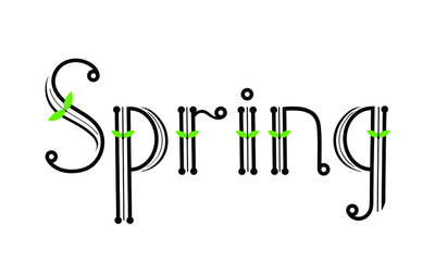 Spring. Black handwritten word with green leaves on letters. Isolated on white background line art style illustration.