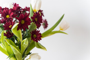 Obraz premium Bouquet of tulips and chrysanthemums in a vase on a white background. High-quality photo