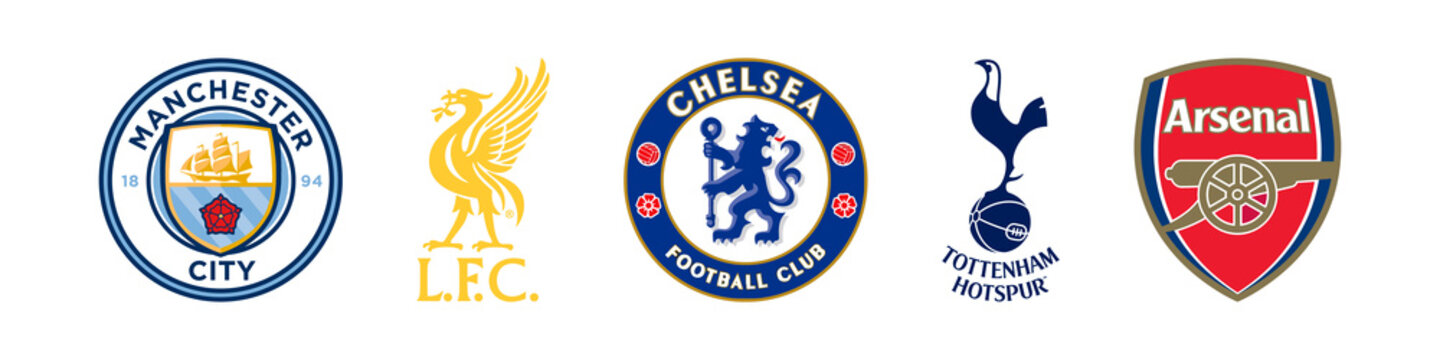 Manchester City, Liverpool, Chelsea, Tottenham and Arsenal logo emblem football England Primere League. Editorial image. VINNITSIA, UKRAINE. MARCH 11, 2021.