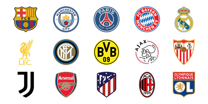Top Europian football soccer club emblem logo set. Editorial image. VINNITSIA, UKRAINE. MARCH 11, 2021.