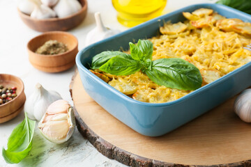 Baking dish of tasty potato with cheese and garlic on light background