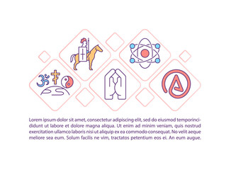 Religious issues concept icon with text. Agnosticsm and atheism. Holy wars. Faith and spirituality. PPT page vector template. Brochure, magazine, booklet design element with linear illustrations