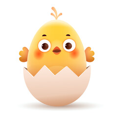 Small yellow chick in an eggshell. Cartoon vector character on white isolated background.